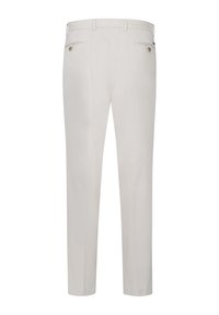 Hellegraue Hose mit geradem Schnitt, aus einem glatten Stoff gefertigt. Verfügt über zwei Gesäßtaschen mit Knopfverschluss und einem flachen Bund.