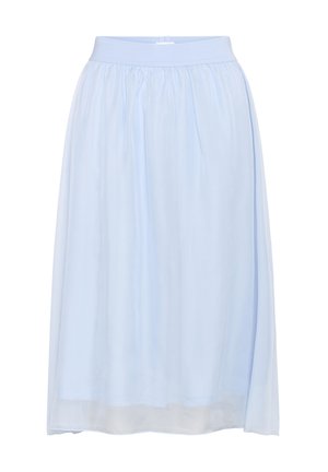 Jupe bleu clair, longueur au genou, en tissu doux et léger avec une taille élastique et une coupe ample et fluide. Texture lisse, sans motifs.