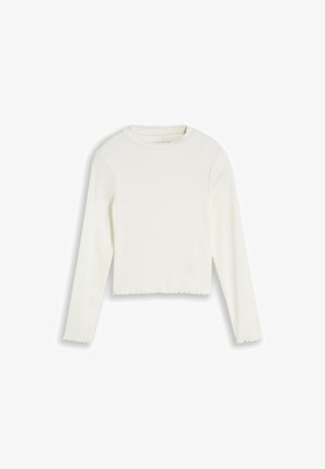 Eenvoudig wit geribd shirt met lange mouwen, een ronde hals en subtiele golvende randafwerking bij manchetten en zoom.