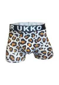 Miesten bokserit, joissa on leopardi-kuosisymboli ruskealla ja mustalla valkoisella taustalla. Esteettömän vyötärönauhan, jossa on "R UKKO" -teksti.