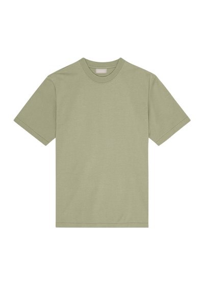 T-shirt uni à manches courtes et col rond en vert olive atténué, présenté à plat avec des coutures visibles aux manches et à l'ourlet.