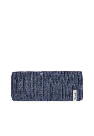 Navyblaue gestrickte Wollkopfbedeckung mit gerippter Textur und einem kleinen weißen Stoffetikett auf einer Seite.