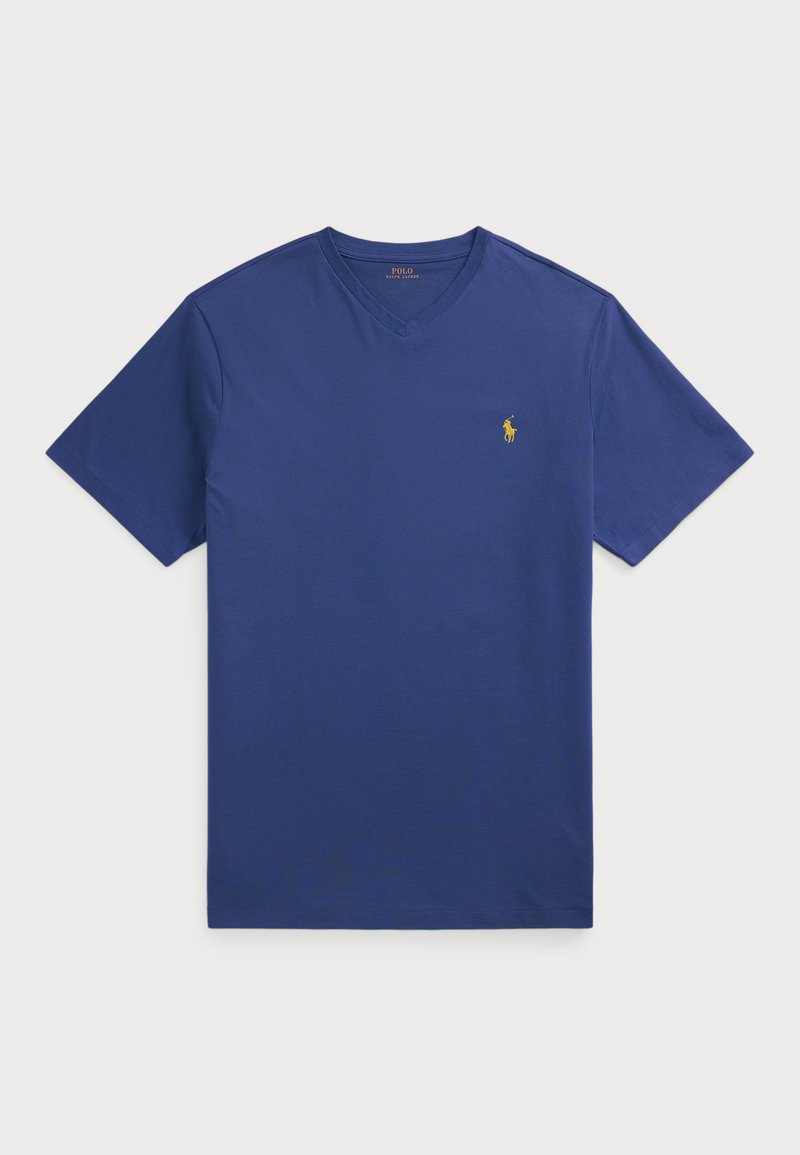 Tricou bleu cu decolteu în V, realizat dintr-un material de bumbac neted, cu mâneci scurte și un mic logo galben pe pieptul stâng.