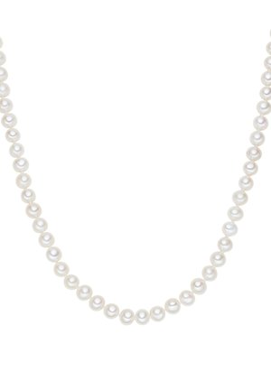 White pearl necklace featuring uniformly sized round pearls with a smooth texture, strung together to form a classic design.