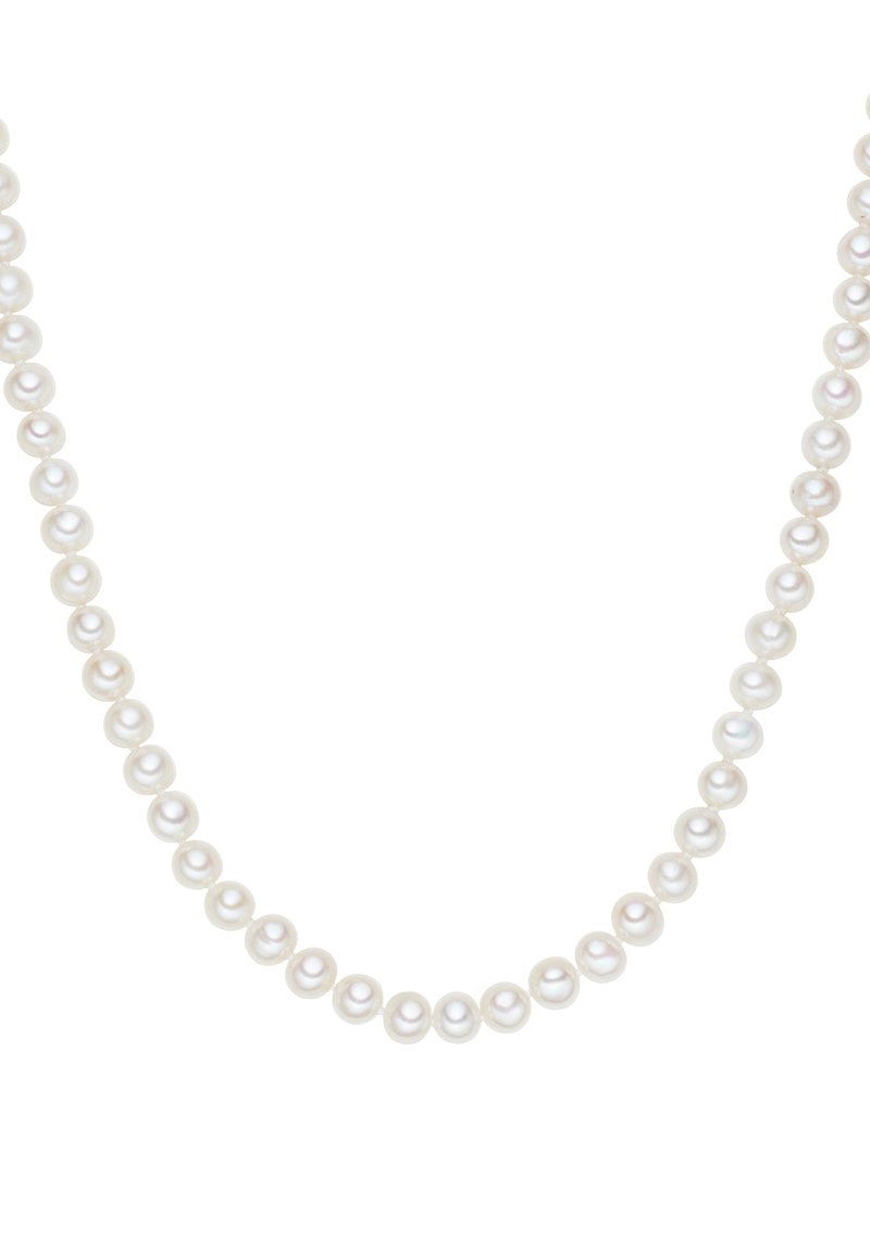 Collana di perle bianche con perle rotonde di dimensioni uniformi e texture liscia, assemblate per formare un design classico.