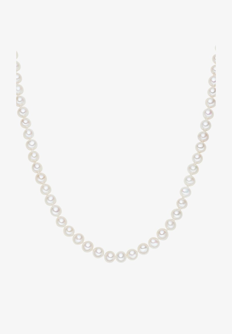 Hvid perle halskæde med ensartet størrelse runde perler i en glat tekstur, strenget sammen for at danne et klassisk design.
