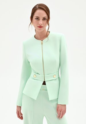 Femme aux cheveux attachés portant un blazer ajusté vert menthe avec une fermeture éclair dorée et un pantalon assorti, sur un fond blanc uni.