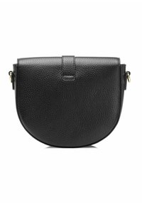 Czarna skórzana torebka typu crossbody o zaokrąglonym kształcie, teksturowanej powierzchni, z zamknięciem na górnej klapie i akcentami w kolorze złotym.
