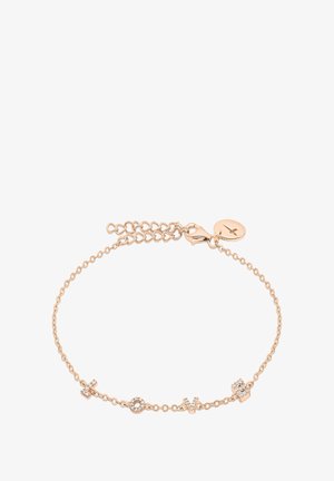 Armband aus Roségold mit einer zarten Kette und drei Akzentanhängern, darunter ein runder und zwei kreuzförmige, verziert mit klaren Kristallen.