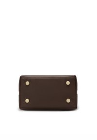 Brown textured leather bag bottom with gold hardware accents and four studs for stability. Rectangular shape with clean edges.