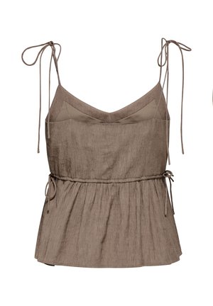 Haut marron texturé sans manches avec bretelles réglables à nouer et liens latéraux à la taille avec un bas style peplum froncé.