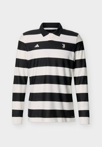 Μακρυμάνικο μαύρο και λευκό πόλο πουκάμισο με οριζόντιες ρίγες και λογότυπα Adidas και Juventus στο στήθος.