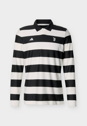 Μακρυμάνικο μαύρο και λευκό πόλο πουκάμισο με οριζόντιες ρίγες και λογότυπα Adidas και Juventus στο στήθος.