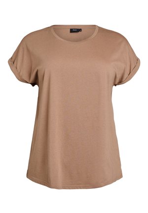 T-shirt marron manches courtes, coupe ample, col rond avec manches retroussées et une étiquette noire à l'intérieur du col.