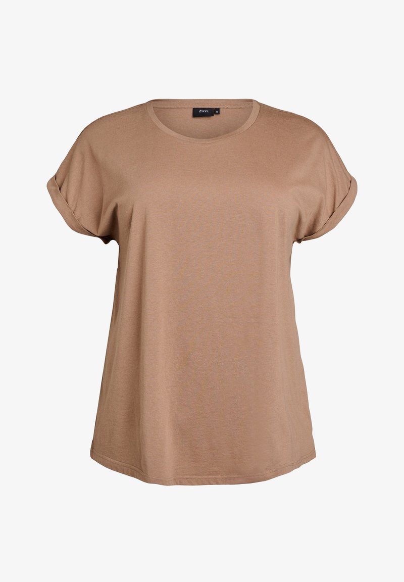 T-shirt marron manches courtes, coupe ample, col rond avec manches retroussées et une étiquette noire à l'intérieur du col.