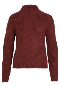 Bordeaux kaapelitikkineule, jossa on korkea kaulus, pitkät hiat sekä ribbitetut hihat ja helma.