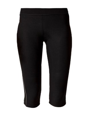 Leggings de sport noirs ajustés jusqu'aux genoux avec une taille haute et un détail de couture subtil sur fond blanc.