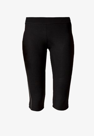 Leggings de sport noirs ajustés jusqu'aux genoux avec une taille haute et un détail de couture subtil sur fond blanc.