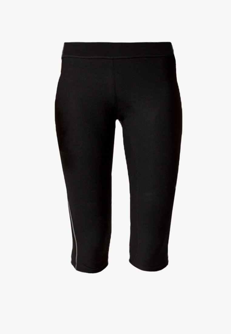 Leggings de sport noirs ajustés jusqu'aux genoux avec une taille haute et un détail de couture subtil sur fond blanc.