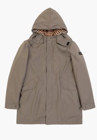 Giacca khaki con cappuccio e chiusura a pressione, due tasche frontali e fodera interna a quadri. Presenta un tessuto liscio e resistente all'acqua.