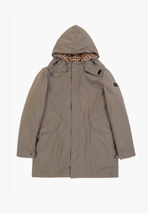 Giacca khaki con cappuccio e chiusura a pressione, due tasche frontali e fodera interna a quadri. Presenta un tessuto liscio e resistente all'acqua.