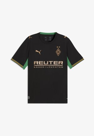 Zwarte Borussia Mönchengladbach voetbalshirt met gouden Puma-logo's, sponsor "REUTER BÄDER | LEUCHTEN" en groene accenten op mouwen en kraag.
