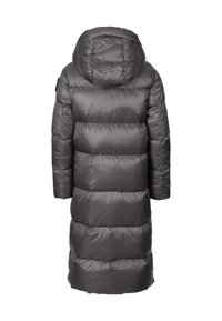 Lang, puffet grå jakke med hætte. Har quiltede sektioner, glat tekstur og lange ærmer. Bagfra ses et ensartet, strømlinet design.
