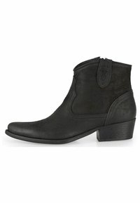 Bottines de cowboy noires en suède avec un bout pointu, un talon bas empilé et des coutures décoratives sur les côtés.
