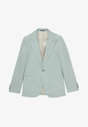 Lichtblauwe linnen blazer met twee voorzakken, enkele knoopsluiting en notched lapels. Heeft een beige voering en gedetailleerde knopen op de mouwen.