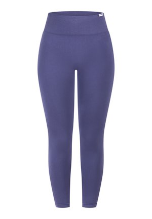 Leggings viola aderenti con una vita alta e rigata. Realizzati in tessuto morbido e liscio, presentano un design alla caviglia.