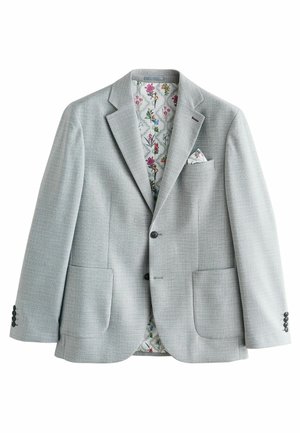 Blazer grigio con una finitura testurizzata, dotato di una foderatura a motivi floreali, due tasche frontali e dettagli con tre bottoni sui polsini.