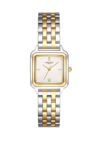 Ruudukujuline hõbedane ja kuldne kell valge puutega, kuldsed käed ja roostevabast terasest rihm, millel on vahelduvad hõbedased ja kuldsed lingid.