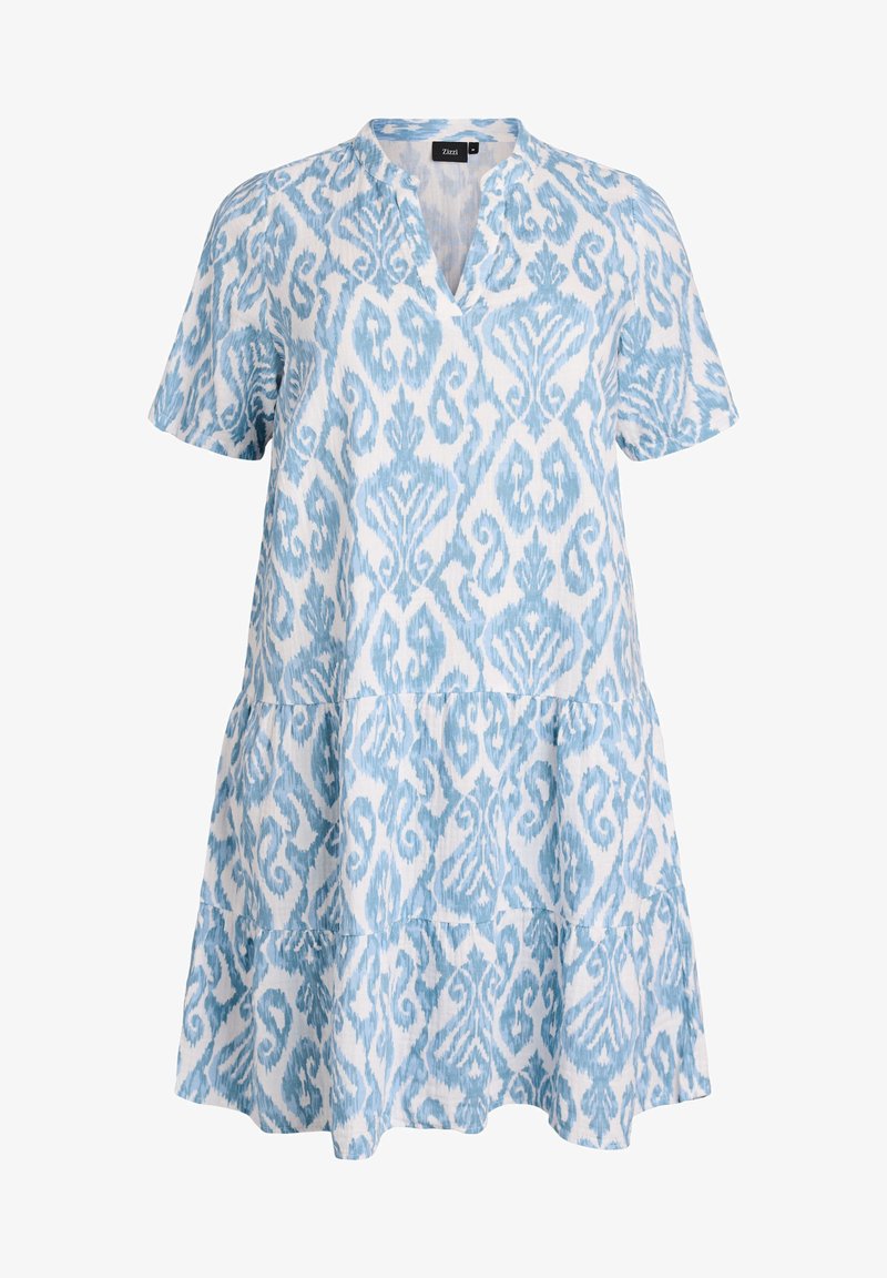 Robe blanche courte avec motif floral et géométrique bleu, manches courtes et détail jupe à volants.