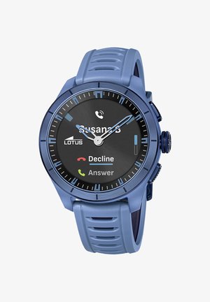 Niebieski smartwatch z analogowymi wskazówkami pokazujący przychodzące połączenie oraz opcje odrzucenia lub odebrania połączenia na ekranie cyfrowym.