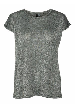 Top corto de manga corta en color gris, hecho de tela brillante. Presenta un escote redondeado y un corte relajado, con una textura suave y un leve brillo.