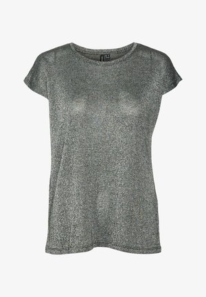 Grijs kortmouwtop gemaakt van glanzende stof. Heeft een ronde halslijn en een relaxte pasvorm, met een gladde textuur en een subtiele glans.