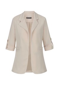 Beige blazer met een notch lapel, driekwartmouwen en opgerolde manchetten. Voorzien van twee voorzakken en een soepele textuur. Merklabel zichtbaar aan de binnenkant.