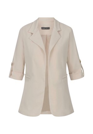 Blazer beige con revers a scott, maniche a tre quarti e polsini arrotolati. Presenta due tasche frontali e una texture liscia. Etichetta del marchio visibile all'interno.