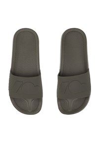 Czarne sandały typu slide z odkrytymi palcami, teksturowaną wkładką i gładkim paskiem. Pasek zdobi matowy wzór z sercem i dwoma symbolami.