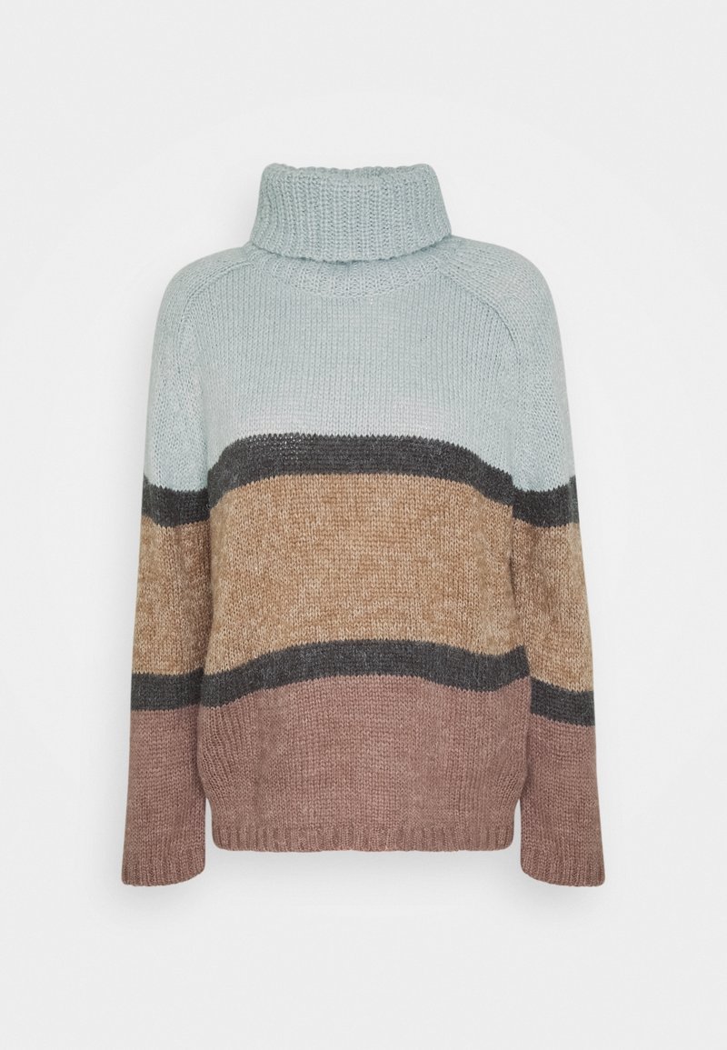 Pull à col roulé en grosse maille avec de larges rayures horizontales bleu clair, gris foncé, beige et rose poudré.