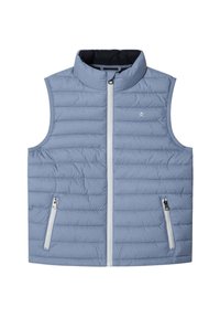 Gilet isolé bleu clair avec col montant, motif matelassé horizontal, fermeture éclair à l'avant et deux poches zippées sur les côtés.