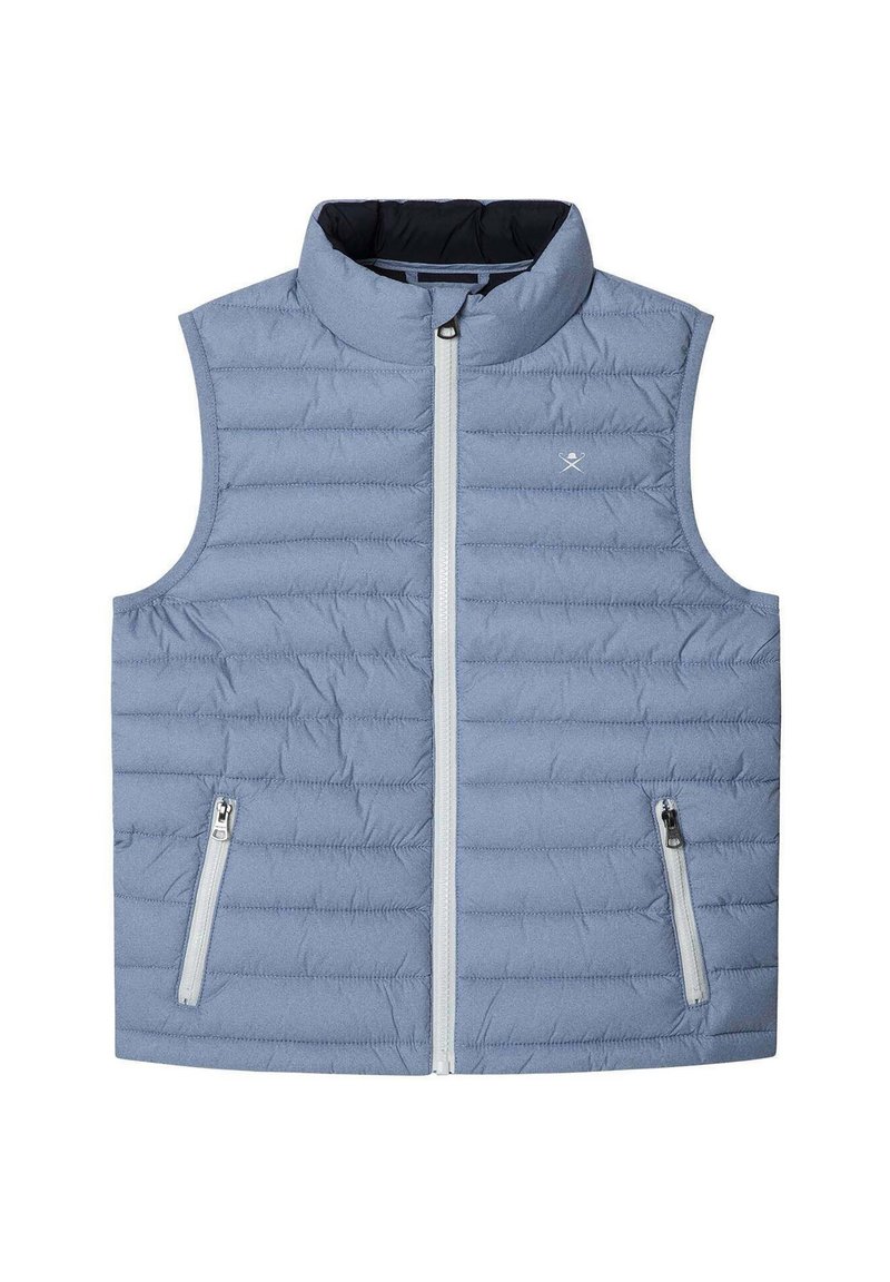 Gilet isolé bleu clair avec col montant, motif matelassé horizontal, fermeture éclair à l'avant et deux poches zippées sur les côtés.