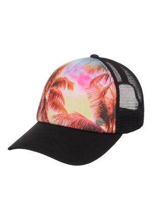 Czapka z daszkiem z czarną siateczkową tylną częścią i daszkiem, przednia część z nadrukiem różowych i pomarańczowych palm na pastelowym tle nieba.