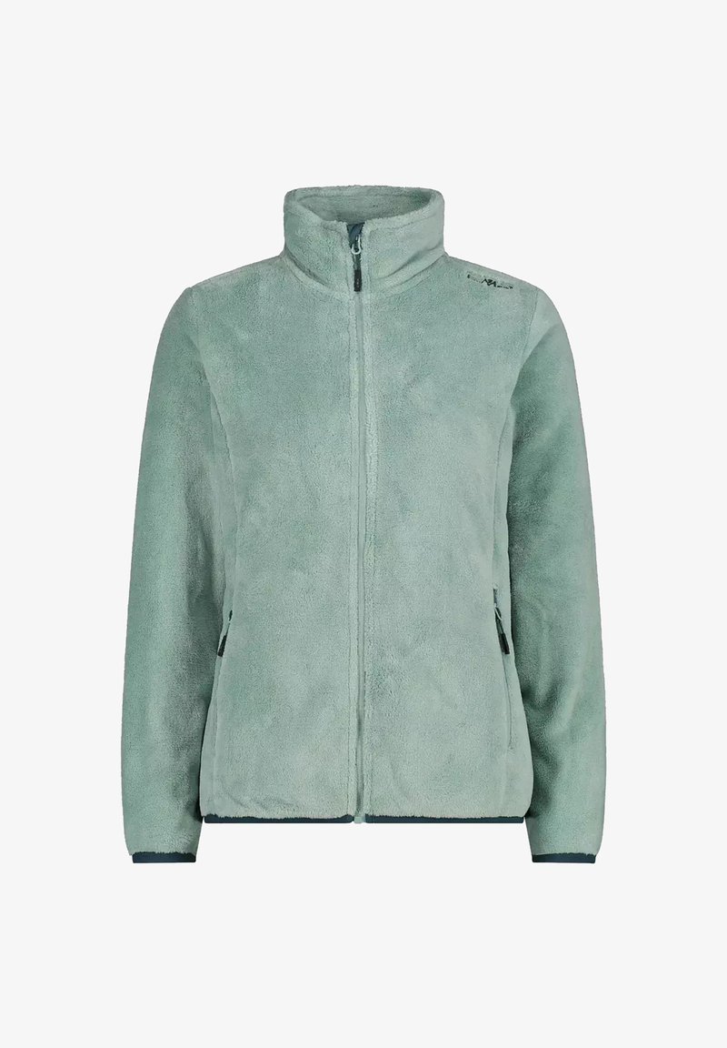 Chaqueta polar de color verde claro con cuello alto, cremallera delantera, mangas largas y dos bolsillos laterales con cremallera.