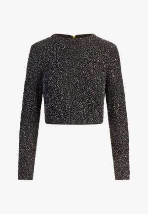 Zwarte cropped lange mouwen top met een gestructureerd patroon van schitterende kralen over de gehele stof, voorzien van een verborgen ritssluiting aan de achterkant.