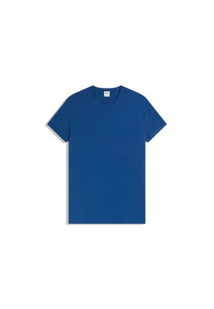 Plain blue short-sleeve crew-neck t-shirt laid flat on a white background, showing front view and tag inside collar.