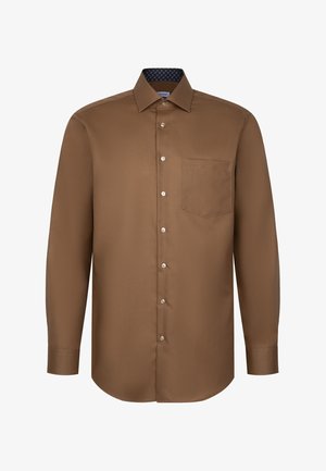 Camicia marrone a maniche lunghe realizzata in tessuto liscio, con chiusura frontale con bottoni, una tasca sul petto e una fodera del colletto con motivo a fantasia.