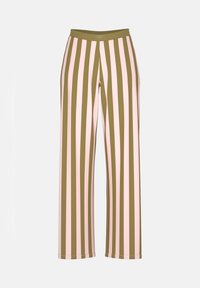 Wijde broek met verticale olijfgroene en lichtroze strepen en een olijfgroene tailleband op een effen achtergrond.