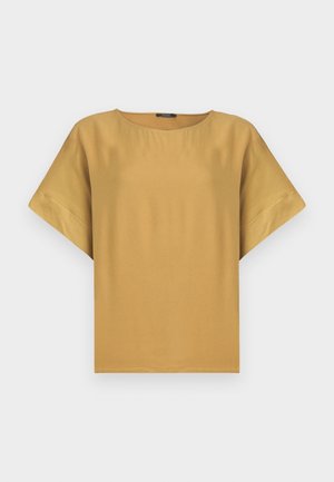 Short-sleeved, mustard-colored top with a round neck and a relaxed fit. Made from smooth fabric with a simple, clean design.
