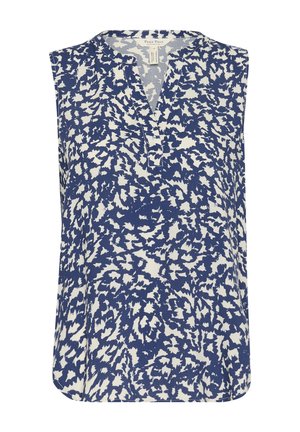 Bluză fără mâneci cu un model abstract în nuanțe de bleumarin și alb, având decolteu în V și o cădere moale a țesăturii, cu o linie puțin curbată a tivului.
